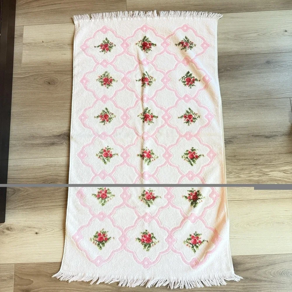 Cannon Pink Floral Bath Towel Vintage Cotton Fringe Lattice Pattern 25x40